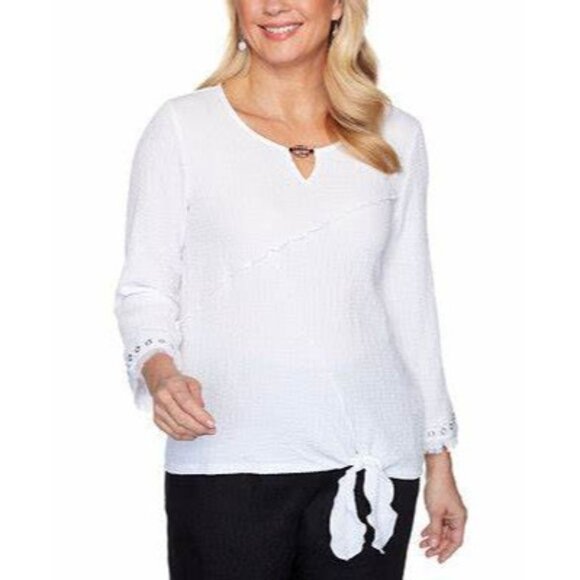 Alfred Dunner 3/4 Sleeve Top Sz Medium White Gauze Fringe Sleeve New - Picture 1 of 5